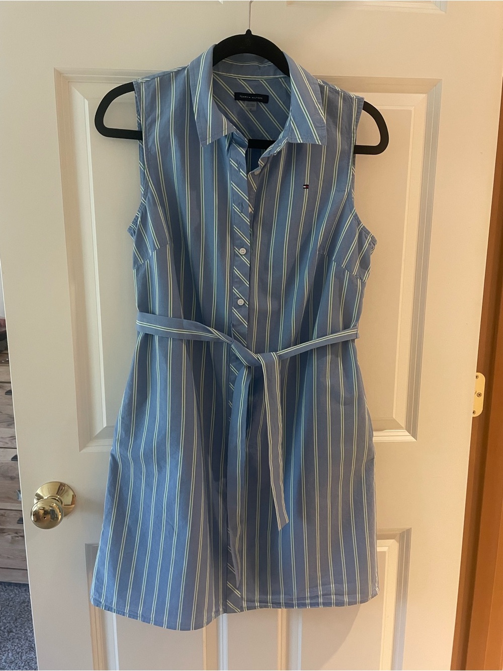 Tommy Hilfiger Light Blue and White Striped Sleeveless Shirt Dress